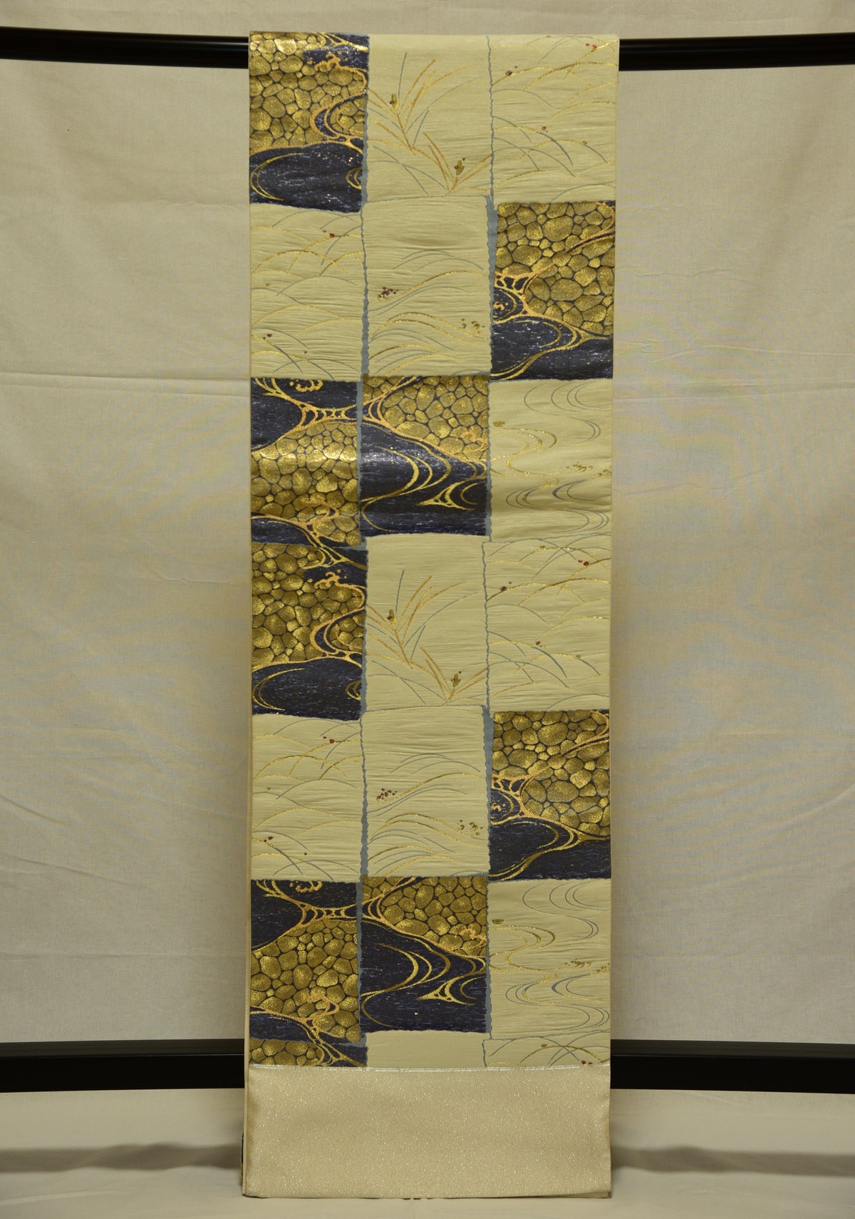 &lt;transcy&gt;Mitsuru Kawase Orimono Textile, Tailored Fukuro Obi,
Double-woven Obi, Pure Silk, checkered flower cards&lt;/transcy&gt;